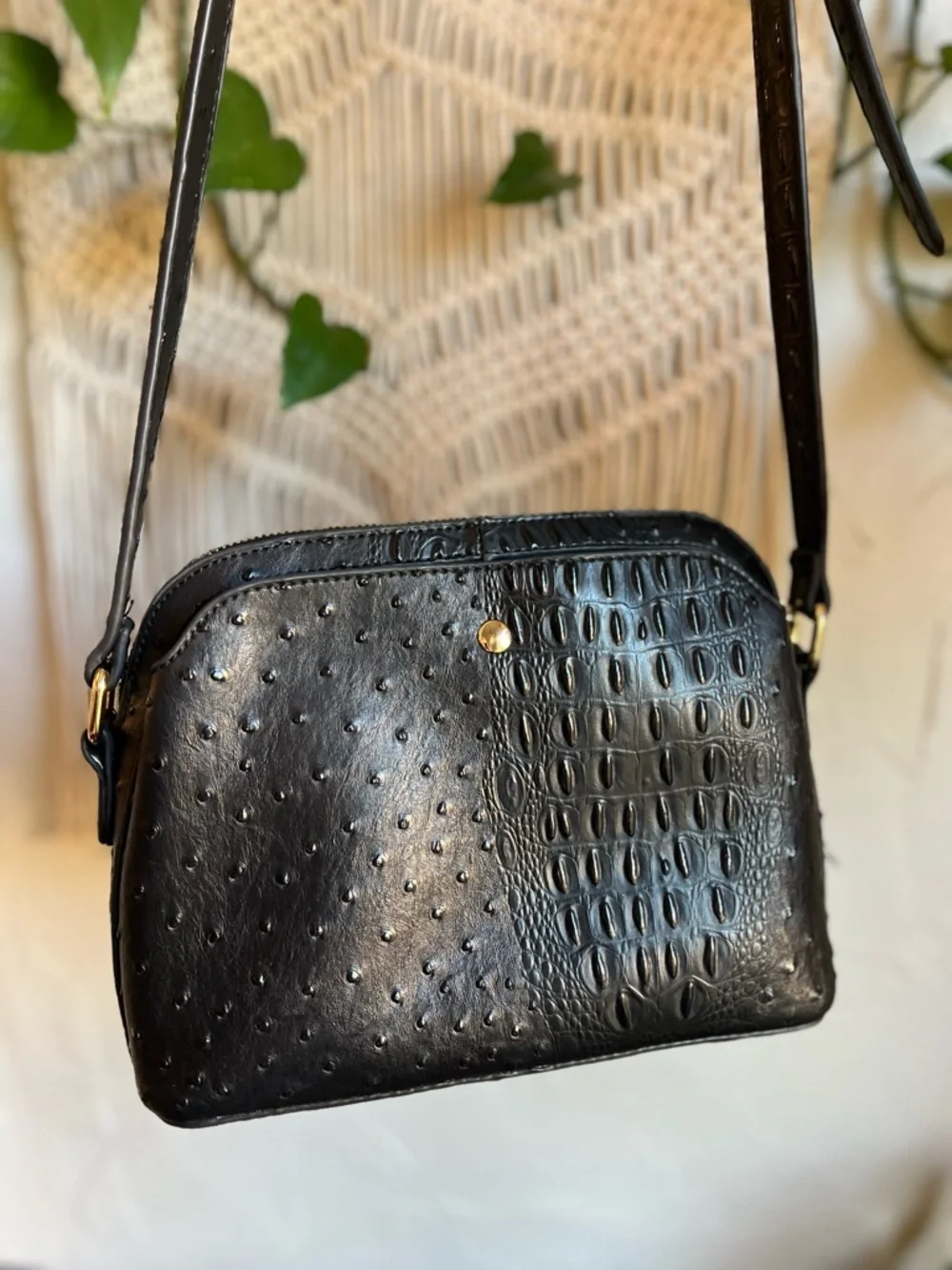 Vintage Black Embossed Leather Croc Ostrich Crossbody Bag Gold Hardware 90s